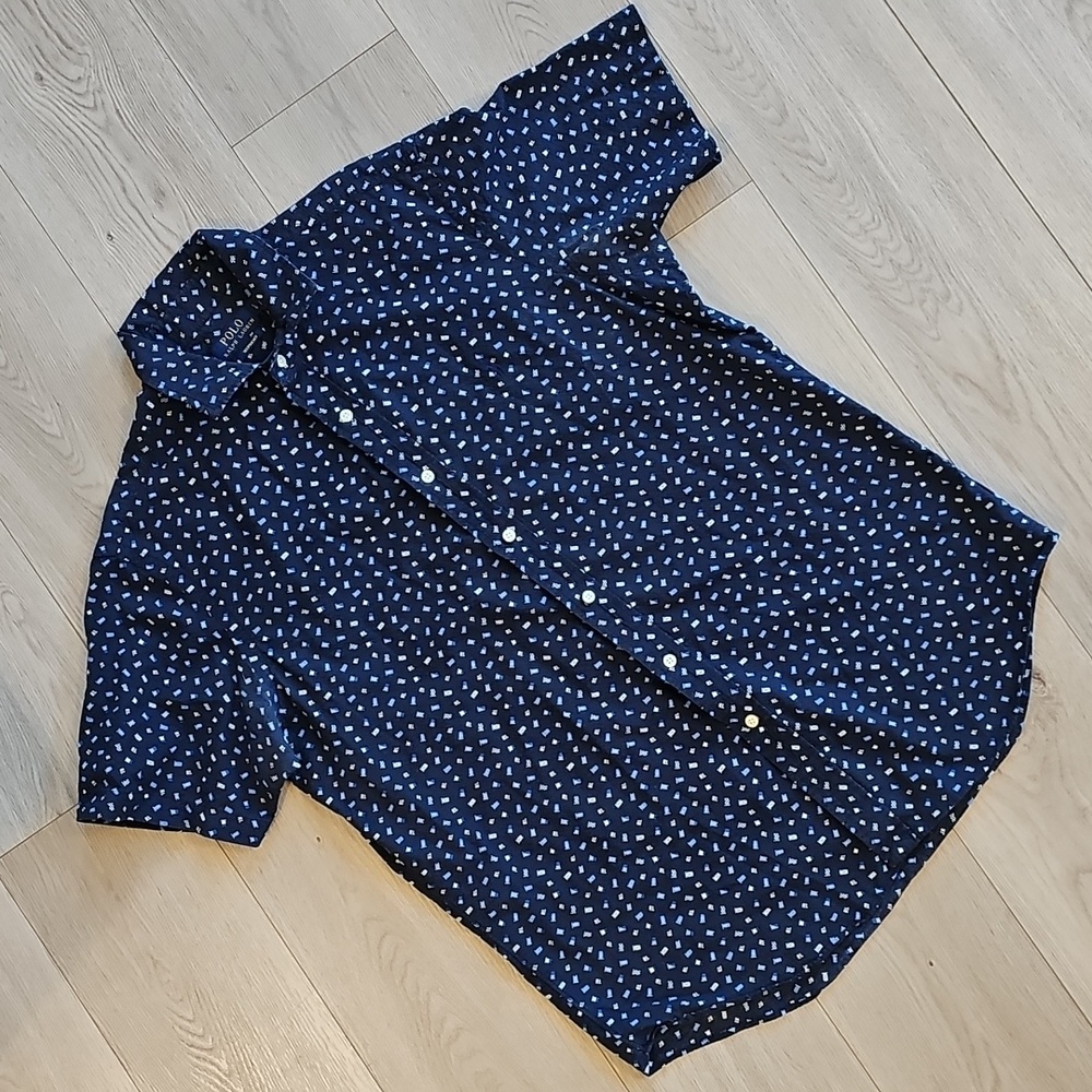 Polo Ralph Luaren Nautical Flads Seersucker Shortsleece Button Down Shirt, Large